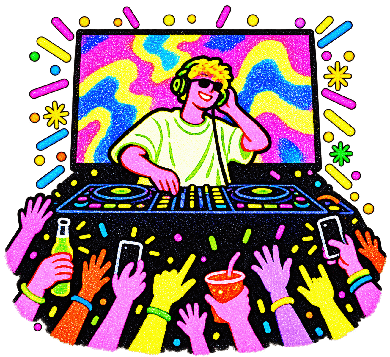 DJ con auriculares frente a una pista con las manos alzadas
